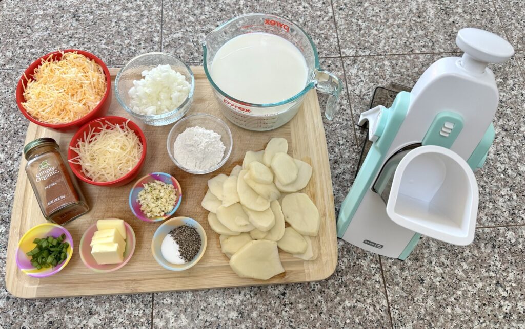 display of ingredients needed to make the Garden Geek Scalloped Potatoes.