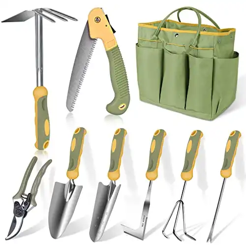 Garden Tool Set, WisaKey 9 Piece Stainless Steel Heavy Duty Green Gardening Tools with Non-Slip Ergonomic Handle