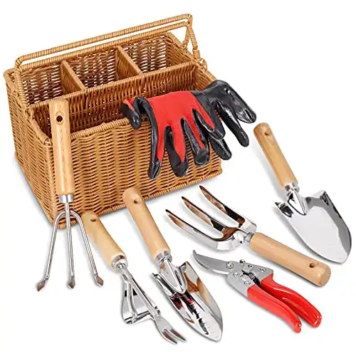 SOLIGT Gardening Hand Tools with Basket Garden Tool Set with Pruning Shears, Cultivator, Gloves Heavy-Duty Stainless Steel Gardening Tools with Wood Handle