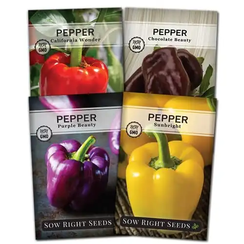 Sow Right Seeds - Sweet Bell Pepper Seed Collection for Planting a Home Garden - Red, Yellow, Purple, Orange and Chocolate Brown Bell Peppers - Non-GMO Heirloom Variety Pack