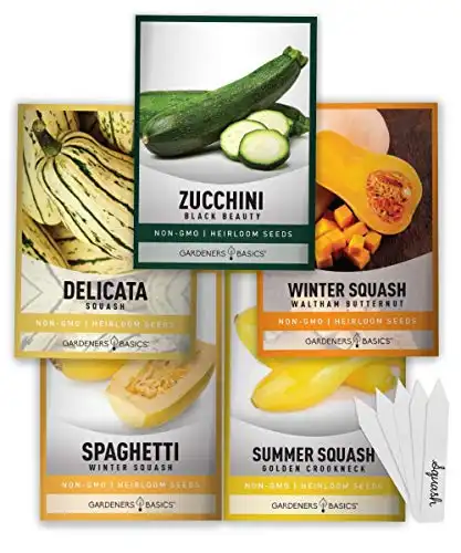 Gardeners Basics, Squash Seeds for Planting 5 Individual Packets - Zucchini, Delicata, Butternut, Spaghetti and Golden Crookneck