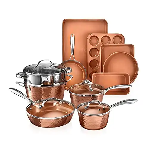 Gotham Steel Hammered 15 Pc Ceramic Pots and Pans -  Non Stick Cookware Set Non Toxic Cookware,  Oven & Dishwasher Safe