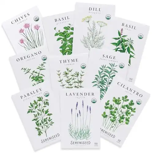 Sereniseed Certified Organic Herb Seeds (10-Pack) Non GMO, Heirloom Seed Starting Video - Basil, Cilantro, Oregano, Thyme, Parsley, Lavender, Chives, Sage, Dill Seeds for Indoor & Outdoor ...