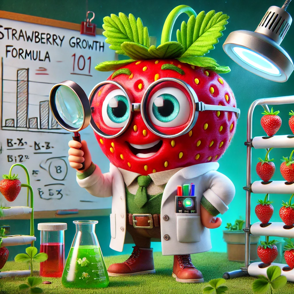 A funny cartoon strawberry character named Berry Bot. Berry Bot has a plump red body with yellow seeds, large expressive eyes with magnifying glasses, and a leafy green cap with antennas. He is wearing a white lab coat and holding a magnifying glass over a strawberry sprout. The scene includes a high-tech DIY garden with a hydroponic setup made from repurposed tech gear and a whiteboard with equations titled ‘Strawberry Growth Formula 101.’ The style is whimsical and colorful.