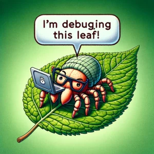 Cartoon spider mite wearing nerdy glasses and holding a laptop on a leafy background with a speech bubble saying ‘I’m debugging this leaf!