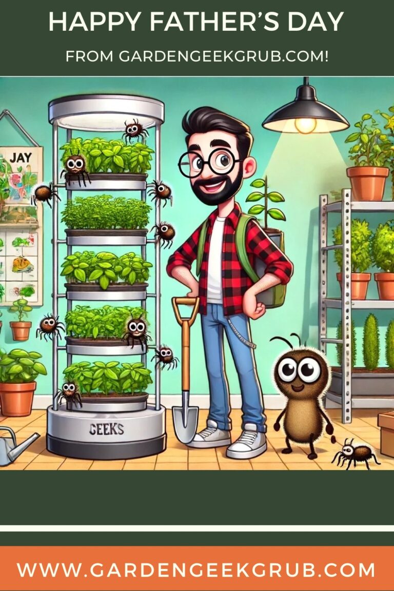 Cartoon depiction of Jay managing an indoor herb tower garden with spider mites, wearing glasses and a plaid shirt, in a bright indoor setting.