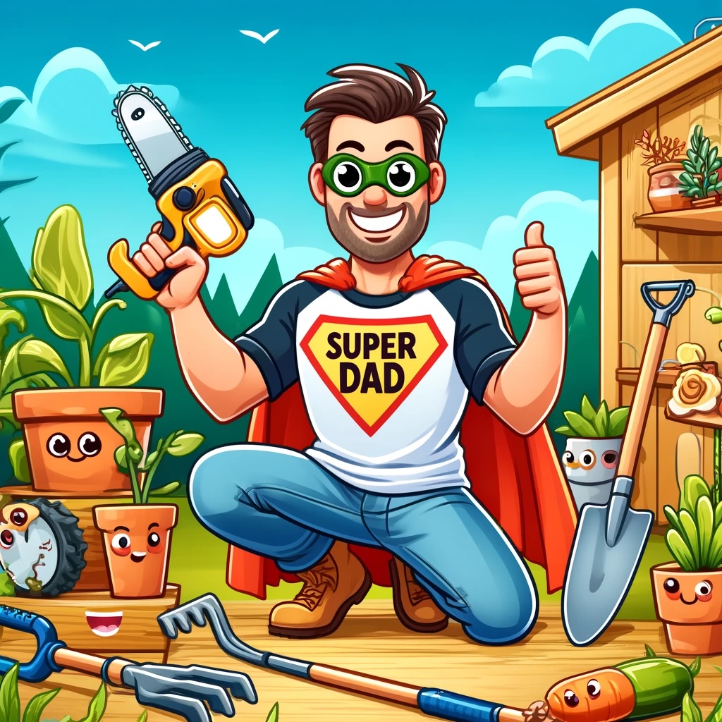 Cartoon image of a dad in a garden wearing a 'Super Dad' superhero cape, holding a mini chainsaw and a rake. He's surrounded by happy, cartoonish plants and vegetables. A garden kneeler and tool set are nearby, and one of the plants is giving a thumbs-up. In the background, a garden shed has a sign that says 'Dad's Garden HQ'. The scene is colorful and playful, highlighting the joy of gardening.