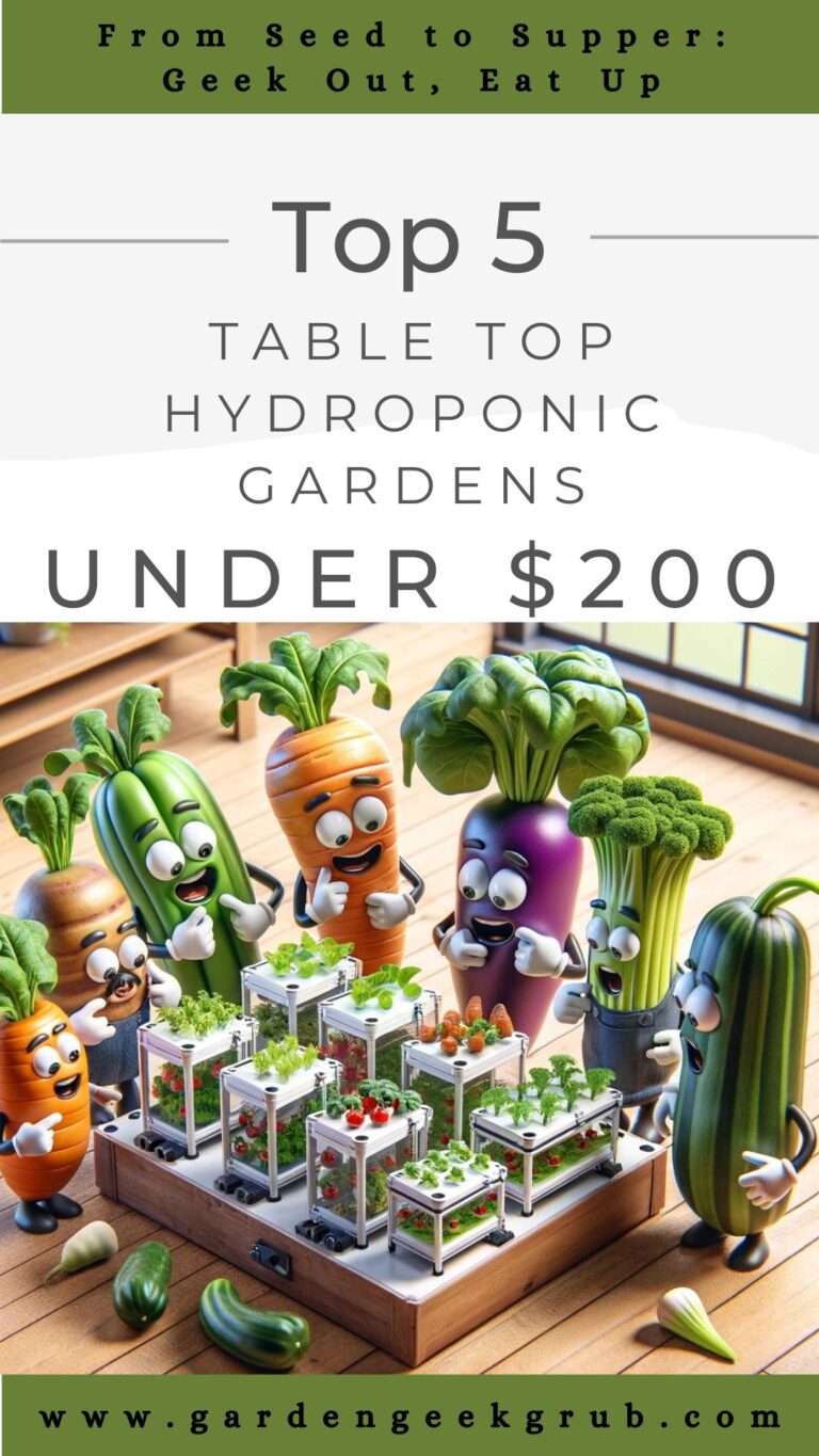 Top 5 Table Top Hydroponic Gardens Under $200 with cartoon vegetables gathered around hydroponic setups.