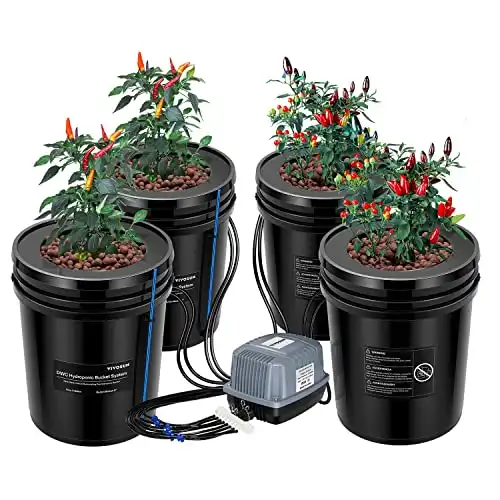 VIVOSUN DWC Hydroponics Grow System with Top Drip Kit, 5-Gallon Deep Water Culture, Recirculating Drip Garden System with Multi-Purpose Air Hose, Air Pump, and Air Stone (4 Buckets + Top Drip Kit)