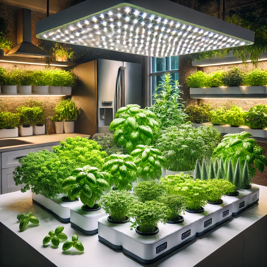 Indoor hydroponic garden full of fresh herbs like basil, parsley, and cilantro, growing in a modern kitchen setting with LED grow lights.