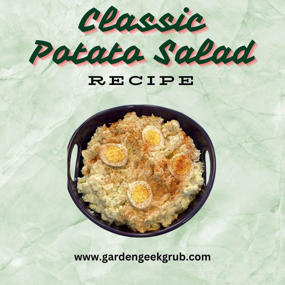 Classic potato salad in a purple bowl, garnished with sliced hard-boiled eggs and paprika, displayed against a green textured background.