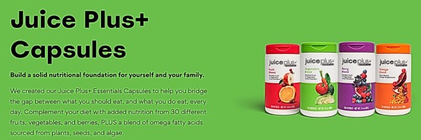 Juice Plus+ Essentials Capsules including Fruit Blend, Vegetable Blend, Berry Blend, and Omega Blend. Supplements to support daily nutrition with plant-based omega fatty acids and nutrients from 30 fruits, vegetables, and berries.