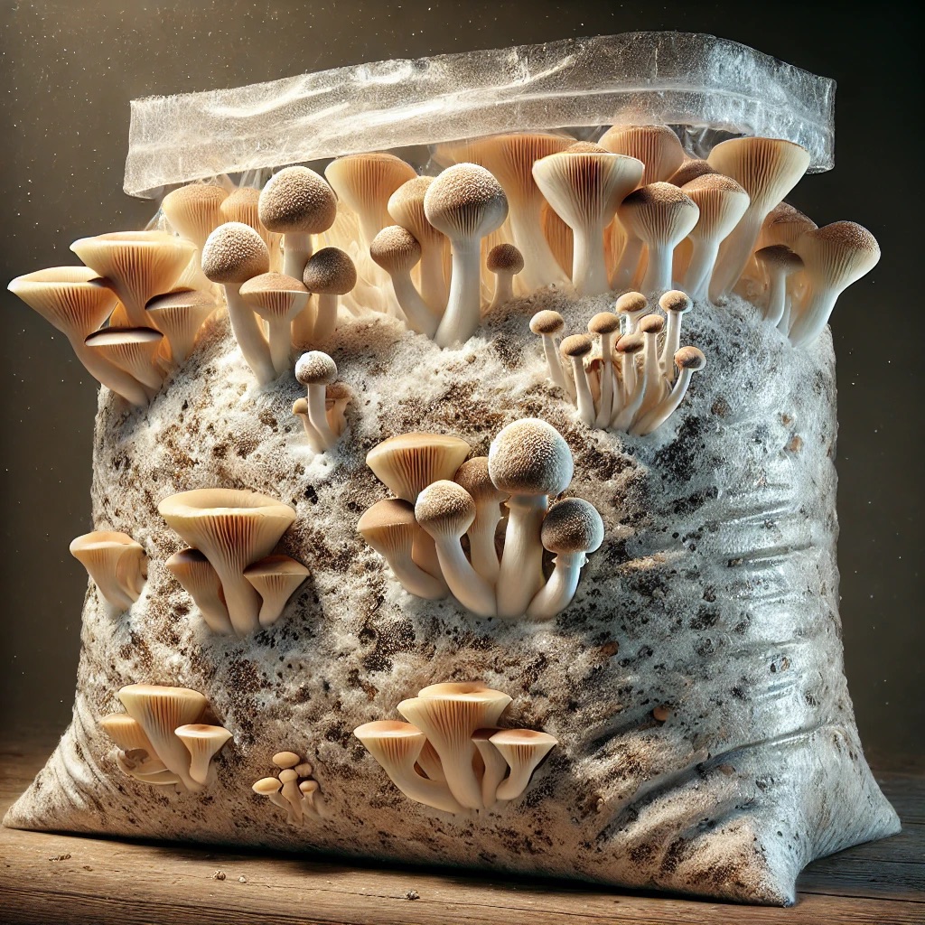 Close-up of a grow bag used for mushroom growing, showing white mycelium spreading through the substrate. Several oyster mushrooms are sprouting from small openings in the bag, with visible moisture and condensation inside, creating an ideal environment for cultivation.