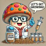 cartoon mushroom character preparing grain spawn for mushroom growing